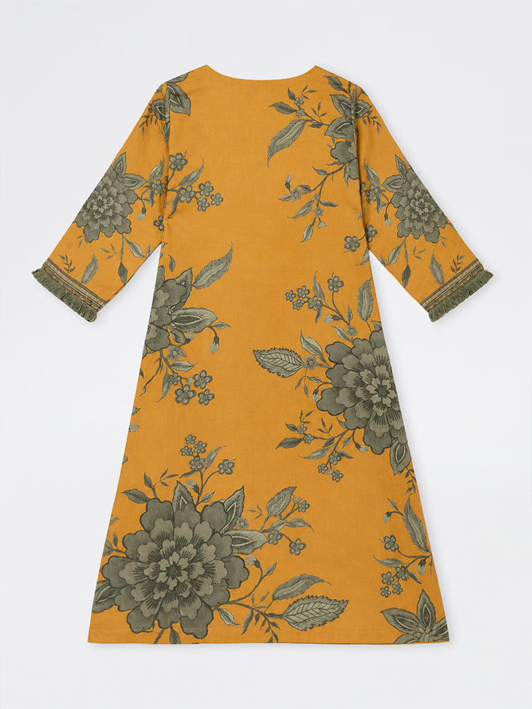 Diza Yellow Floral Printed Cotton A-Line Kurta