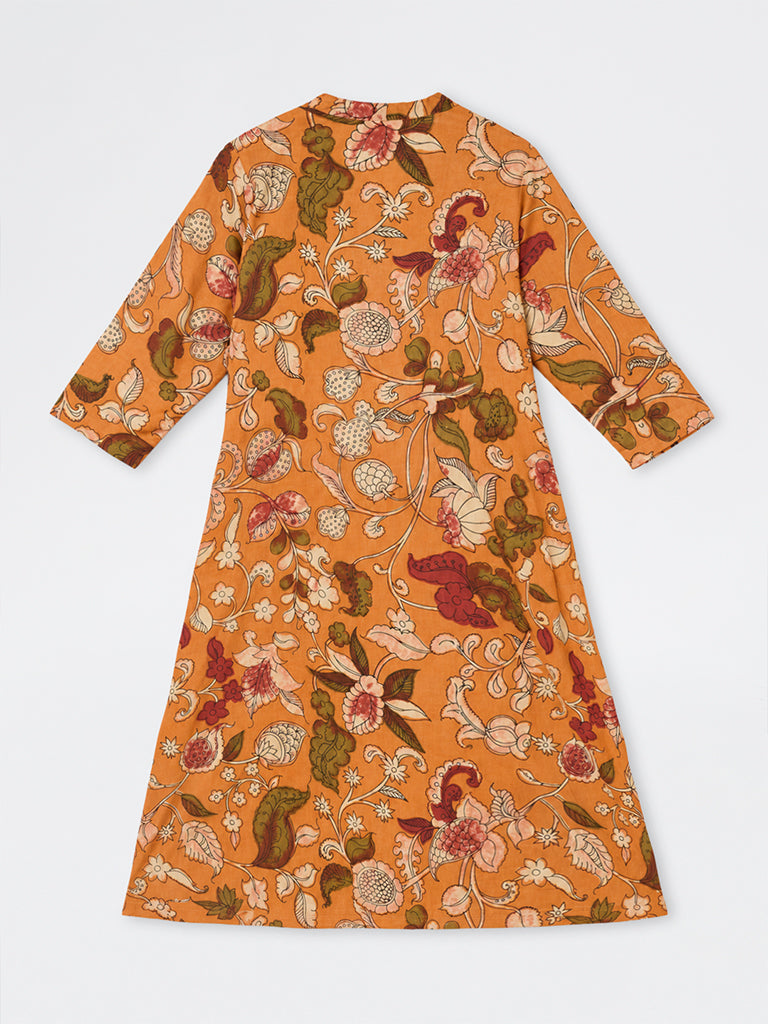 Diza Orange Floral Printed A-Line Kurta