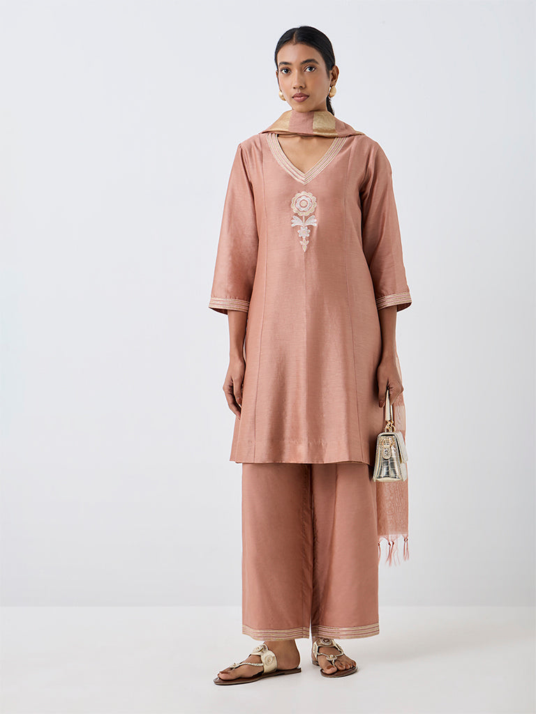 Zuba Dusty Pink Striped Cotton-Blend Dupatta