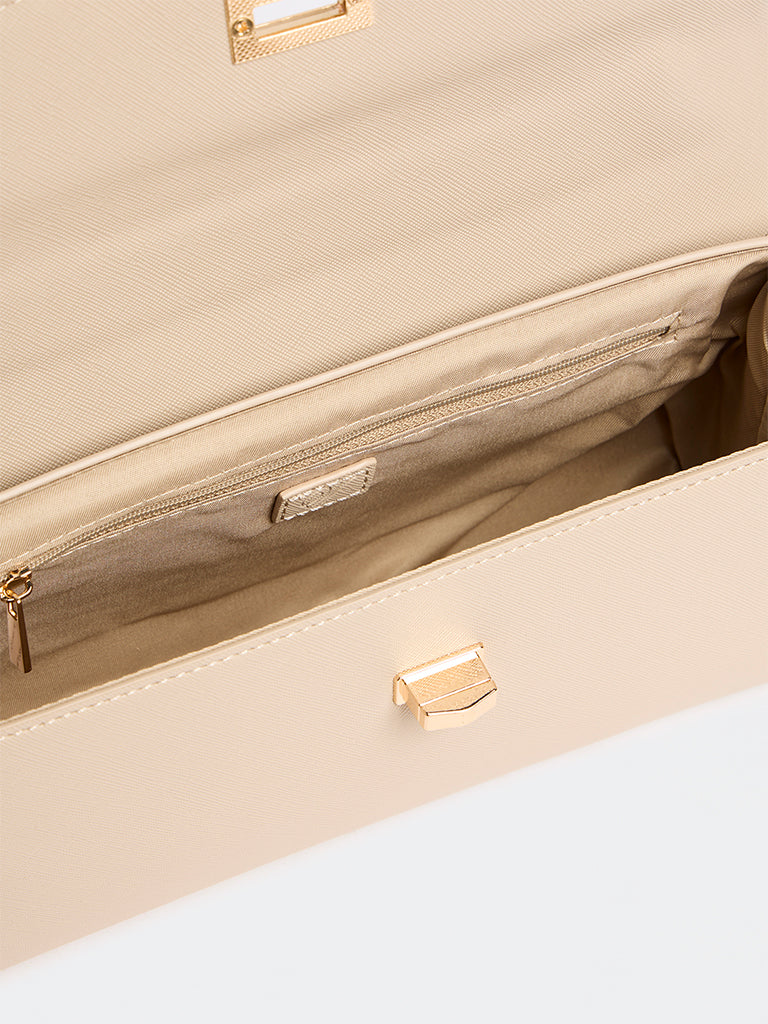 Westside Beige Textured Turn-Lock Crossbody Sling Bag