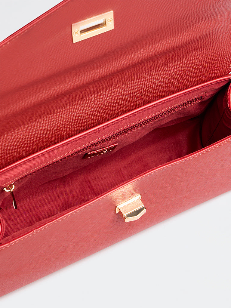 Westside Red Textured Turn-Lock Crossbody Sling Bag