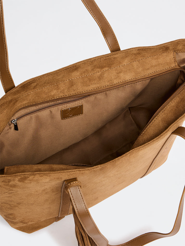 Westside Tan Tassel-Detail Suede Work Tote Bag