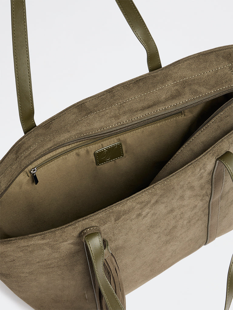 Westside Dark Olive Tassel-Detail Suede Work Tote Bag