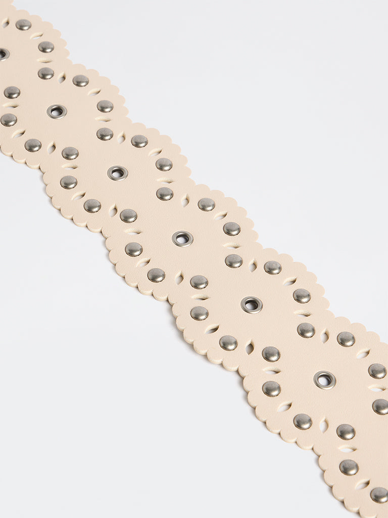 Westside Accessories Light Beige Studded Wide C-Buckle Belt