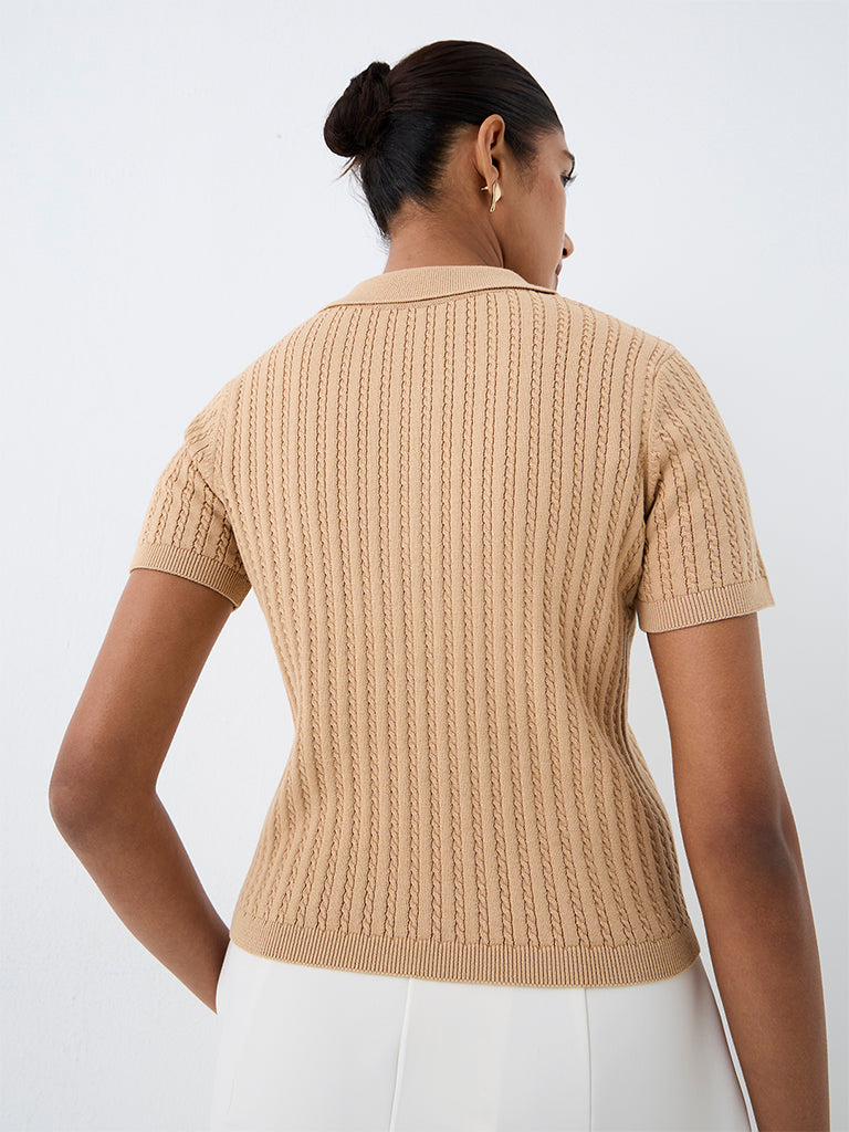Wardrobe Beige Cable Knit Polo T-Shirt