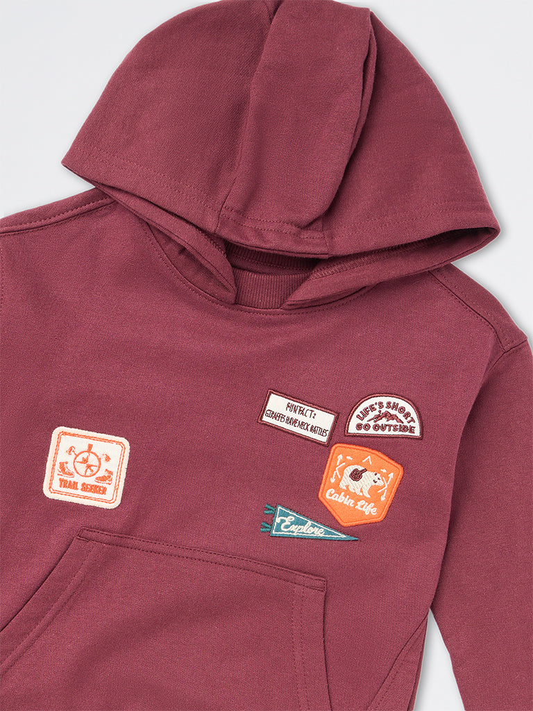 HOP Kids Boys Burgundy Patch-Detail Cotton Hooded Sweatshirt