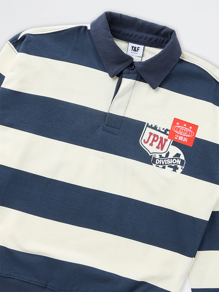 Boys Navy Stripe Printed Cotton Polo Sweatshirt