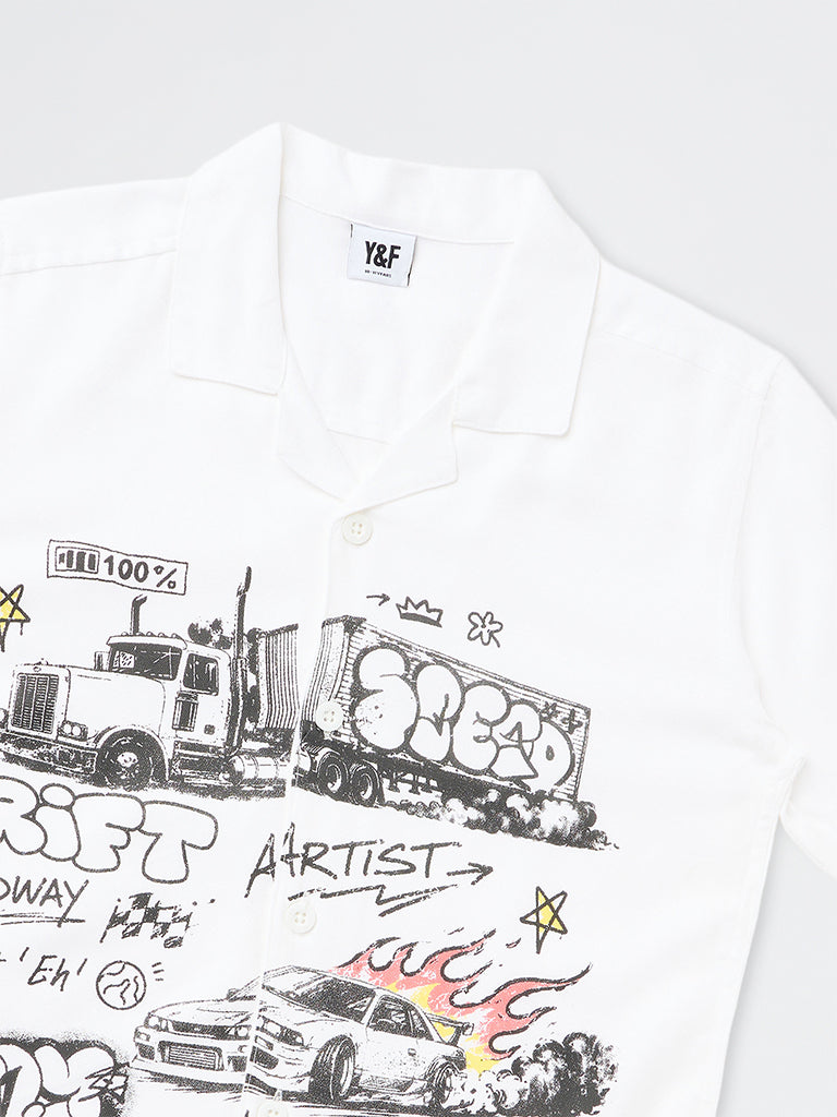 Boys White Graphic Printed Shirt