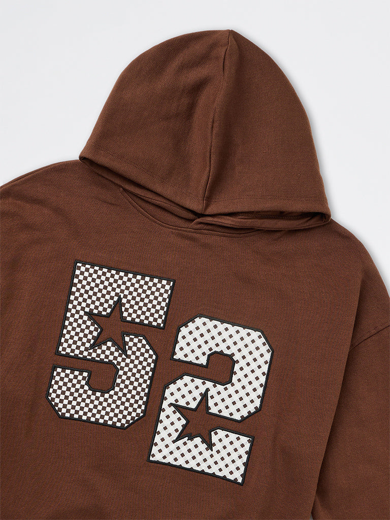 Girls Brown Numerical Design Cotton Hooded Sweatshirt