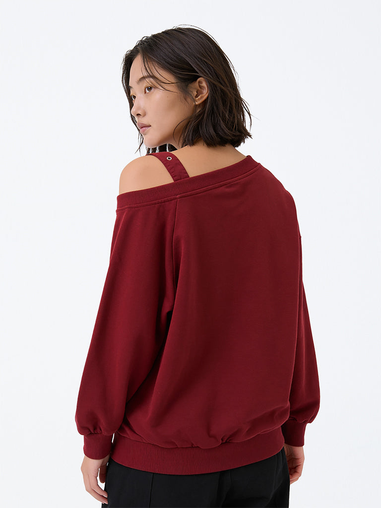 Girls Burgundy Numerical Design One-Shoulder Cotton Sweatshirt