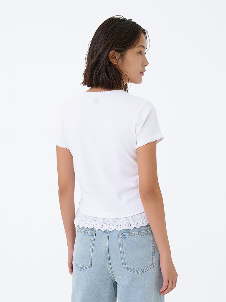 Girls White Text Embroidered Cotton-Blend Top