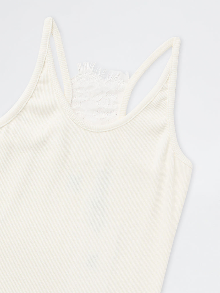 Girls Cream Ribbed Cotton-Blend Top