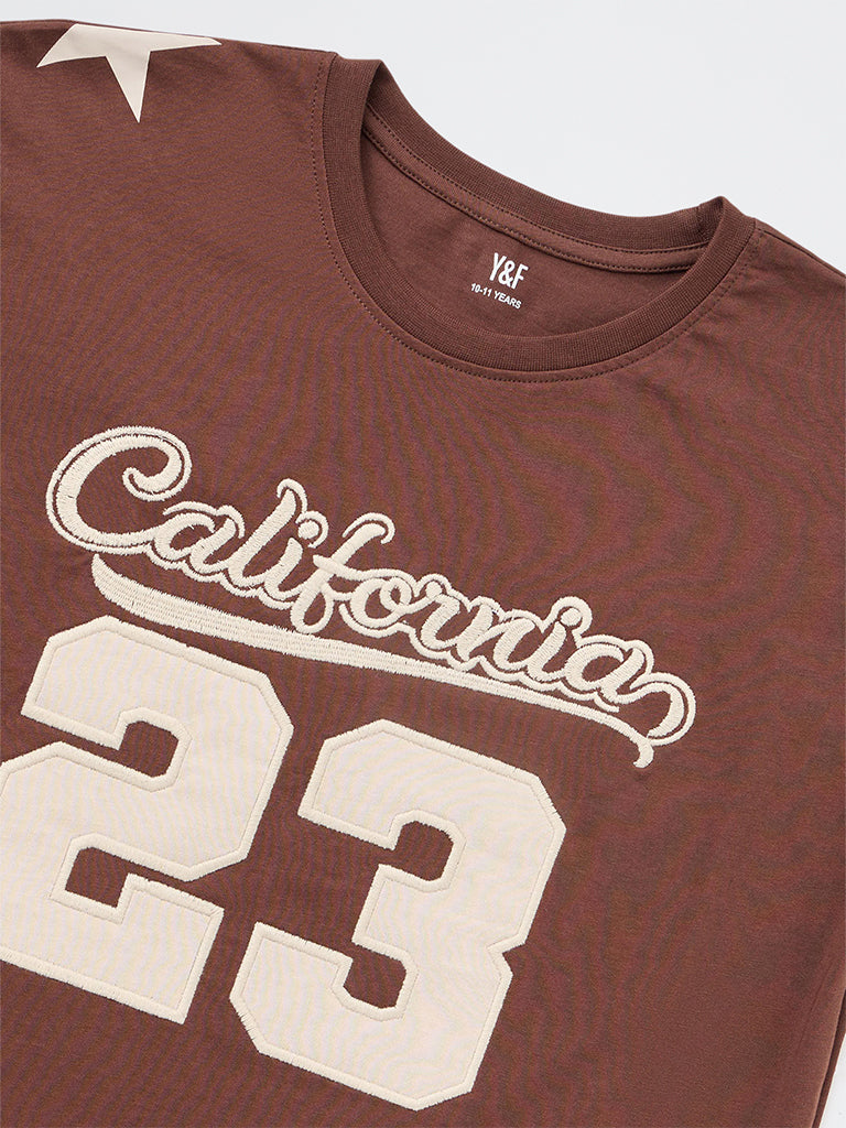 Girls Brown Numerical Design Cotton T-Shirt