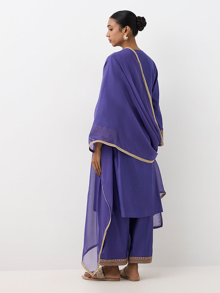 Vark Purple Paisley Embroidered A-Line Ethnic Set
