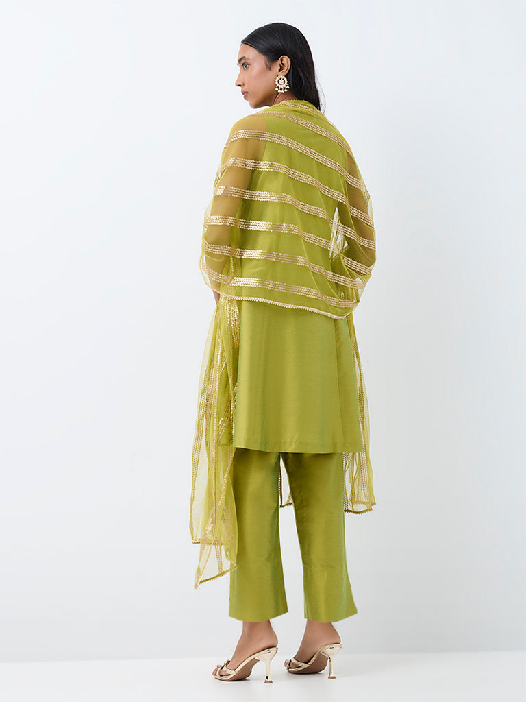 Vark Lime Floral Embroidered A-Line Ethnic Set
