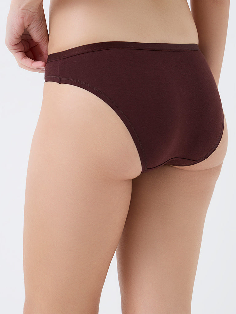 Wunderlove Dark Brown Solid Cotton-Blend Bikini Briefs - Pack of 3