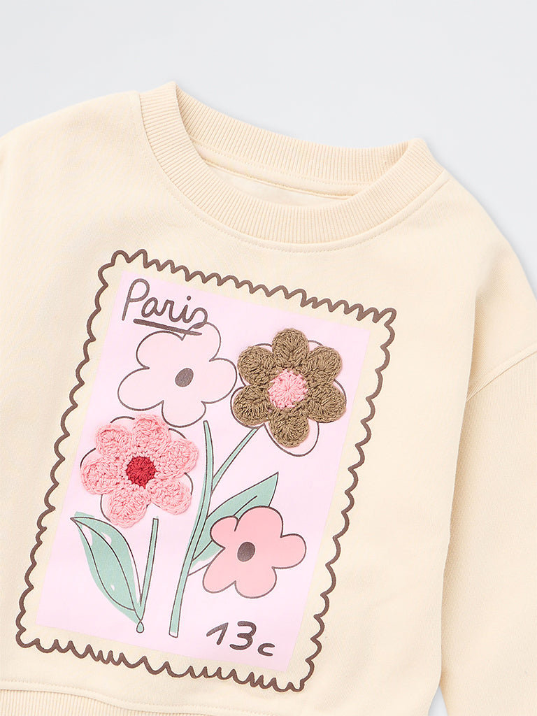 HOP Kids Girls Cream Floral Design Cotton-Blend Sweatshirt