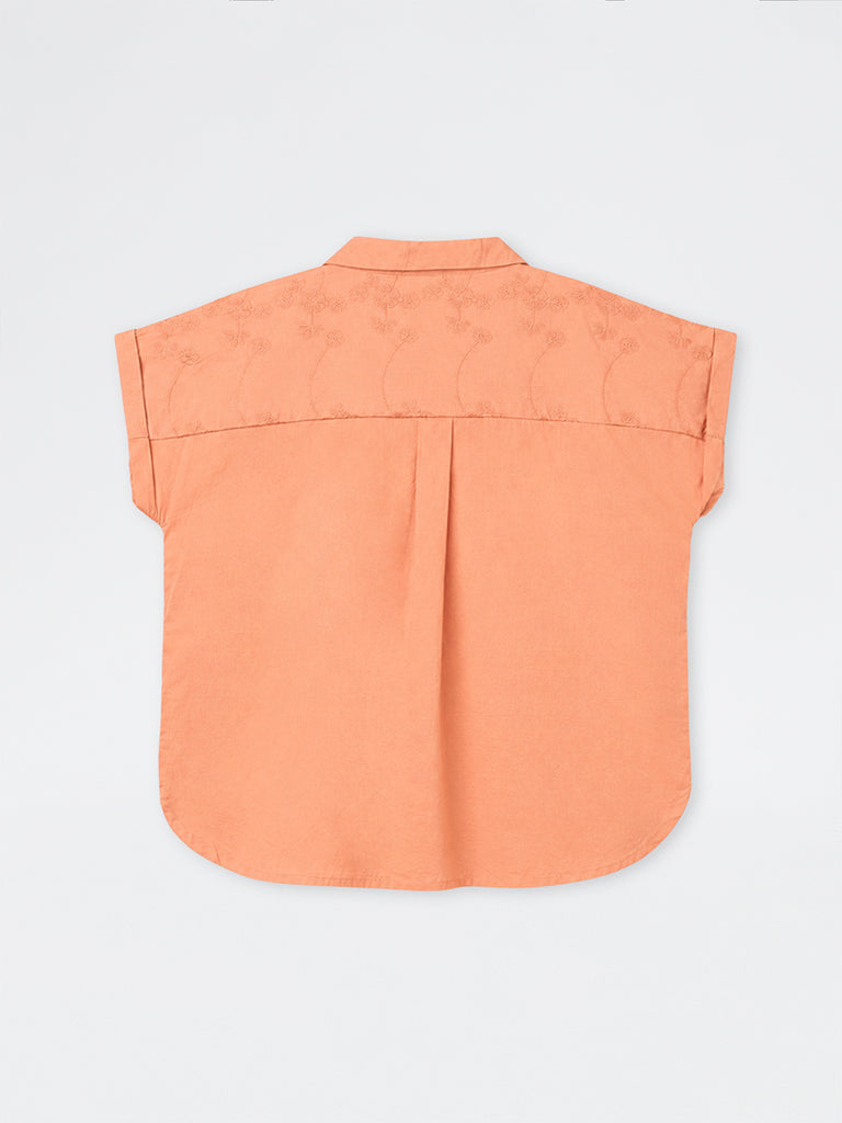 Gia Peach Floral Embroidered Cotton Shirt