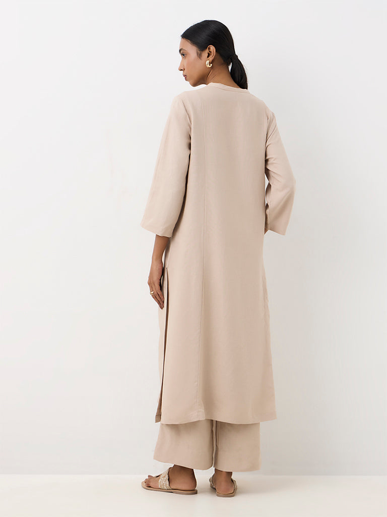 Zuba Beige Embroidered A-Line Kurta
