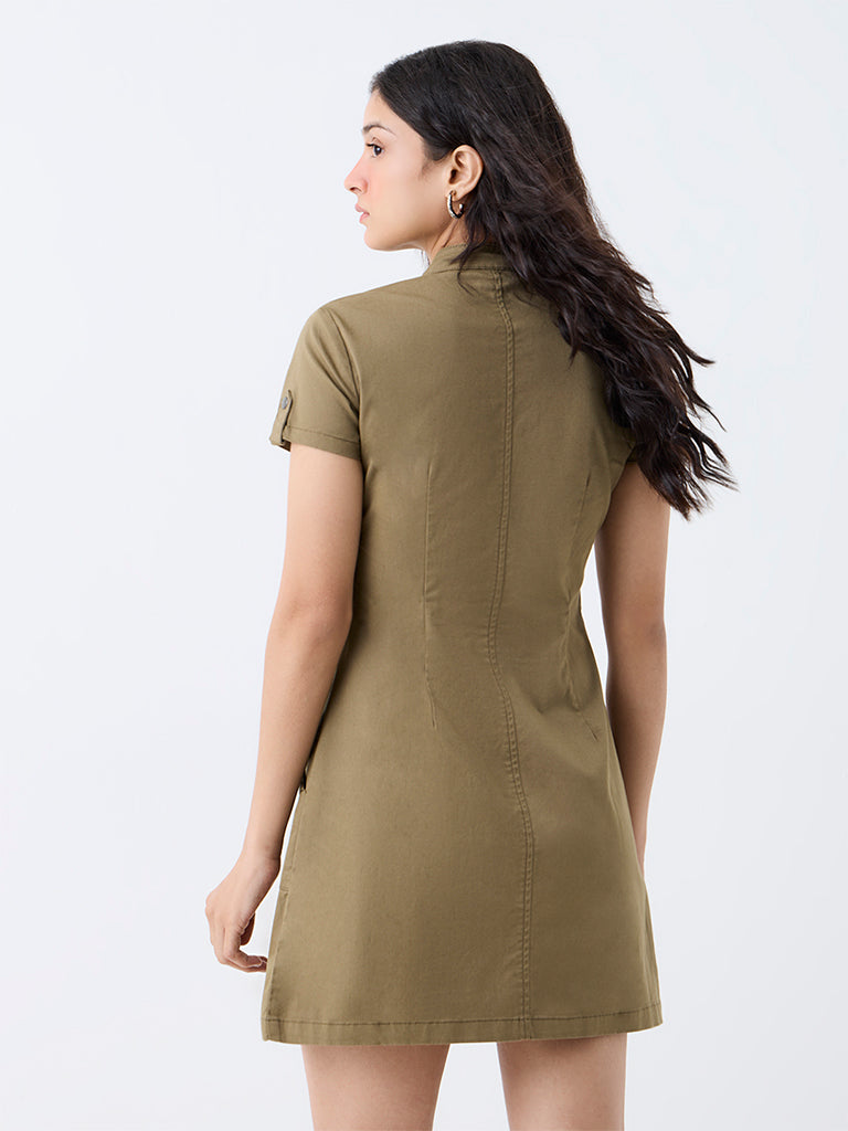 Nuon Khaki Solid Cotton-Blend Sheath Dress