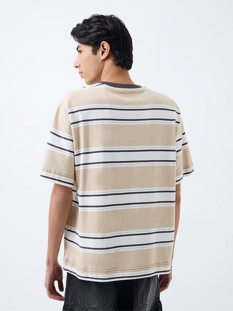 Nuon Beige Striped Relaxed-Fit Cotton T-Shirt
