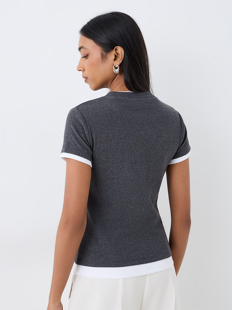Wardrobe Dark Grey Contrast-Detail Cotton-Blend T-Shirt
