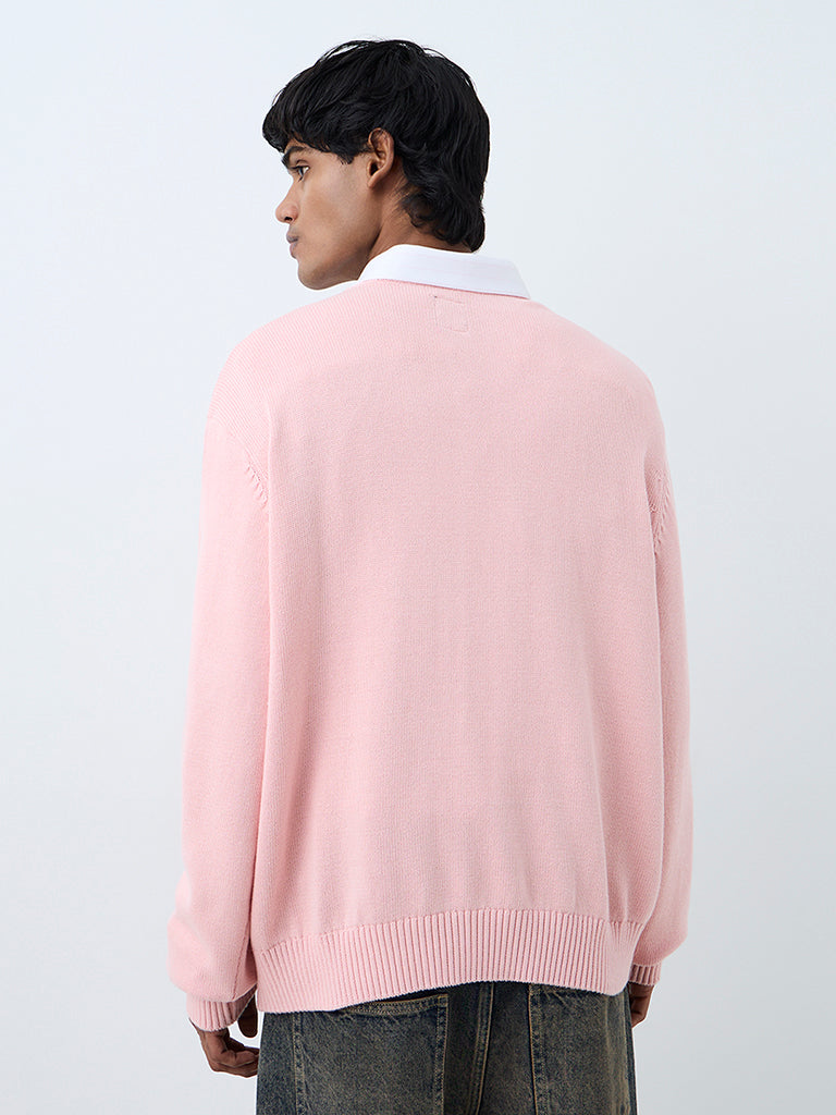 Nuon Light Pink Animal Design Knitted Oversized-Fit Cotton Sweater