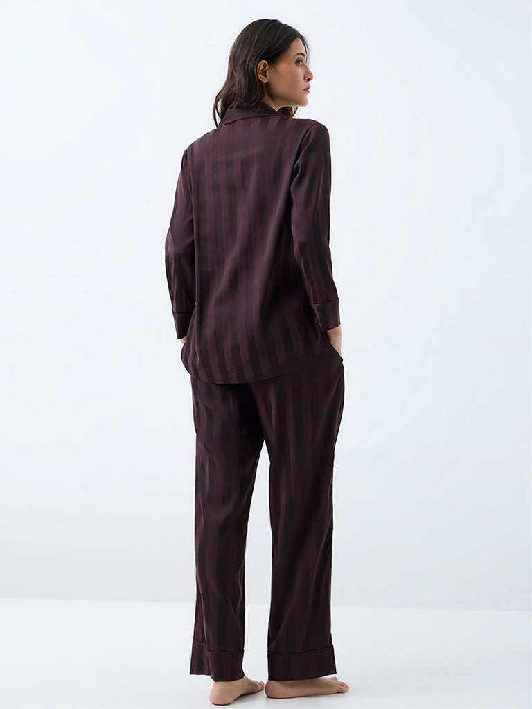 Wunderlove Dark Brown Striped Shirt and Pyjama Set