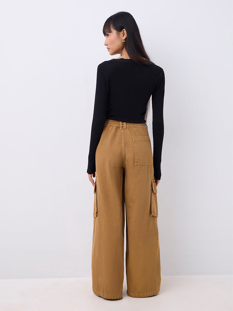 Nuon Mustard Cargo-Style High-Rise Cotton Trousers