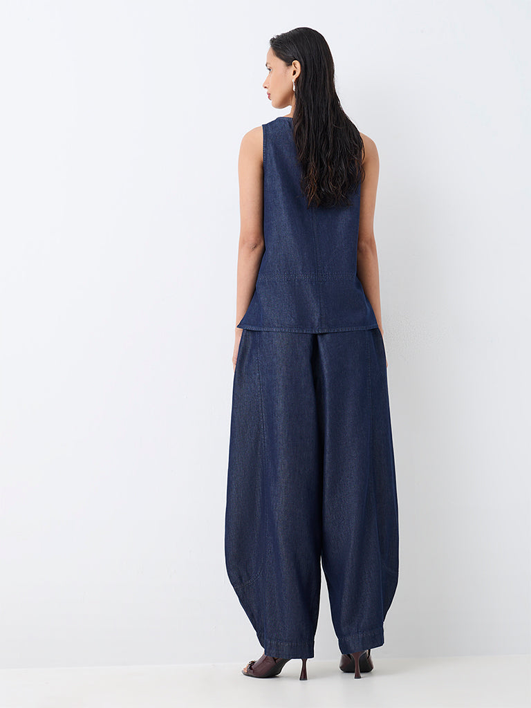 LOV Dark Blue Stud-Detail High-Rise Balloon Denim Pants