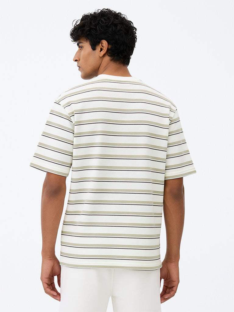 WES Lounge Off-White Striped Relaxed-Fit Cotton-Blend T-Shirt