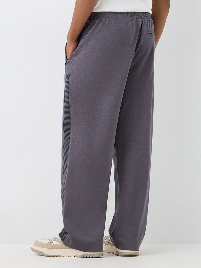 Nuoflexx Grey Self-Striped Mid-Rise Relaxed-Fit Cotton-Blend Track Pants