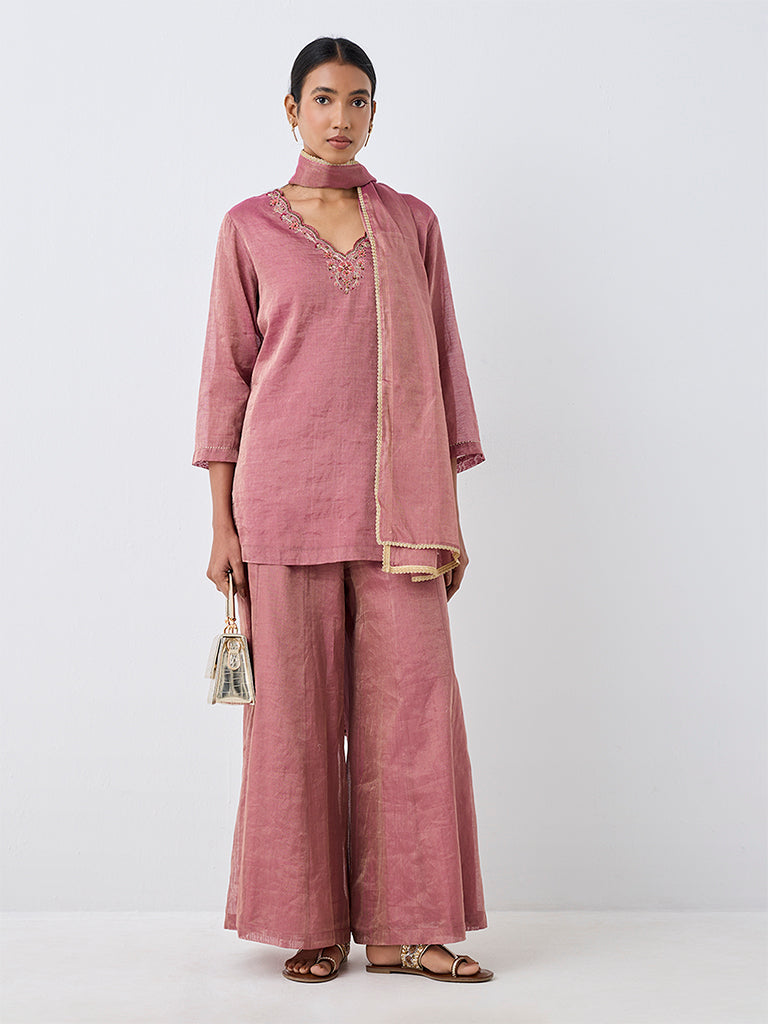 Zuba Dusty Pink Zari Embroidered Dupatta