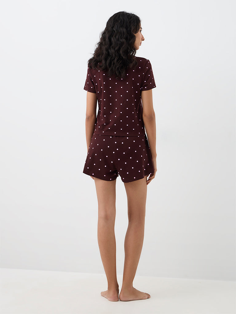 Superstar Dark Brown Polka Dot Printed High-Rise Cotton-Blend Shorts