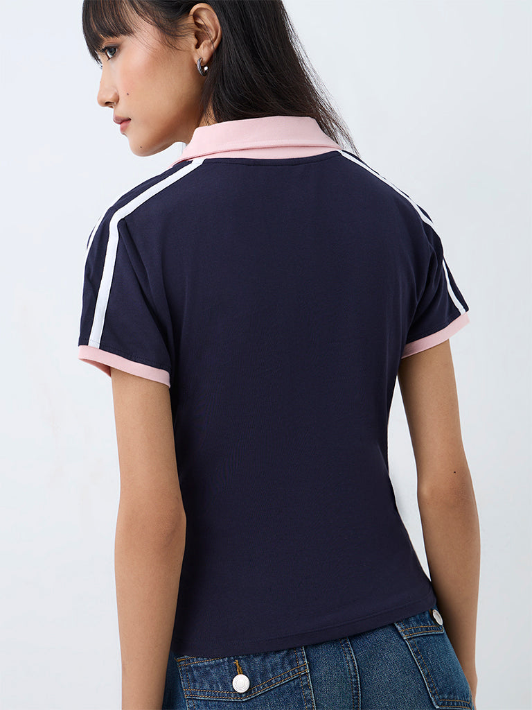 Nuon Navy Text Printed Cotton-Blend T-Shirt