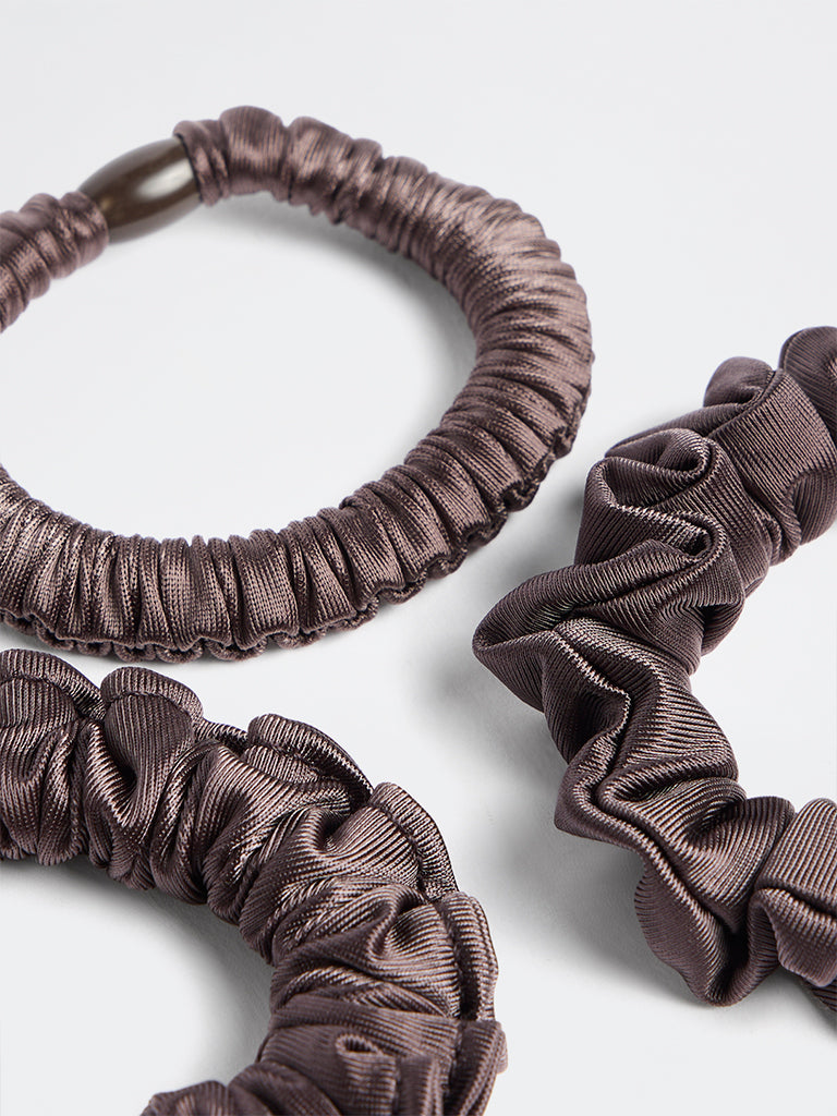 Westside Accessories Dark Brown Satin Hair Scrunchies - Pack of 3