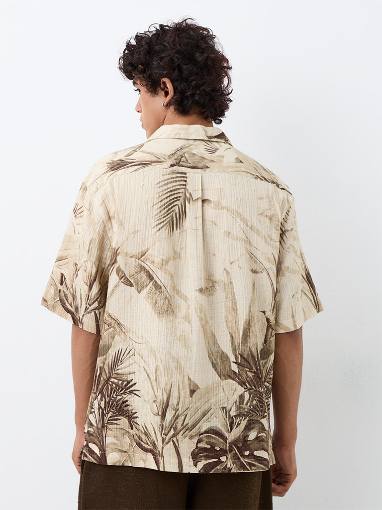 ETA Light Beige Foliage Printed Relaxed-Fit Cotton Shirt