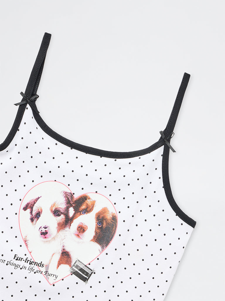 Girls White Polka Dot Printed Cotton-Blend Top