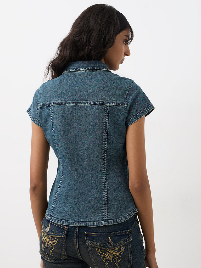 Nuon Blue Zipper-Detail Denim Top