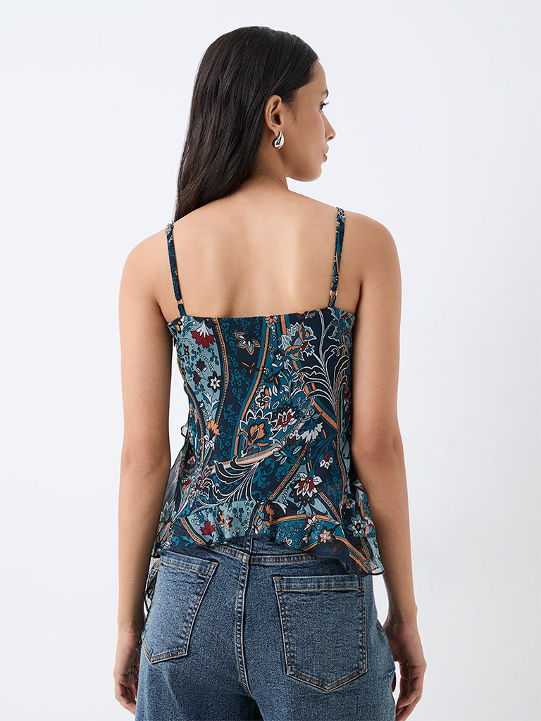 LOV Dark Teal Floral Printed Ruffled Top