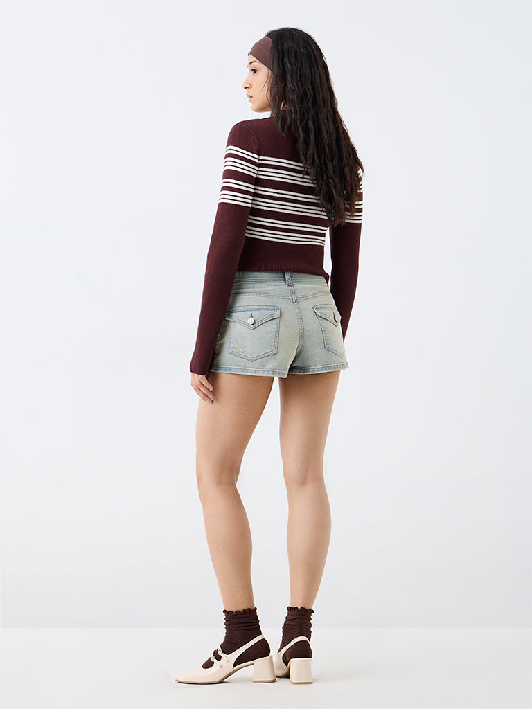 Nuon Light Blue Wash High-Waist Shorts with Distressed Details