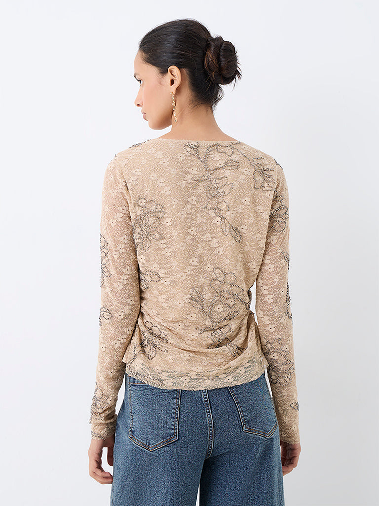 LOV Beige Floral Embellished Mesh Top