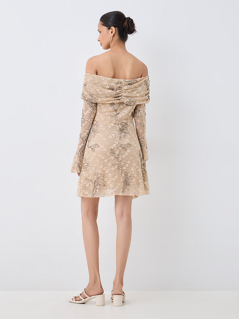 LOV Beige Floral Embellished Mesh A-Line Dress