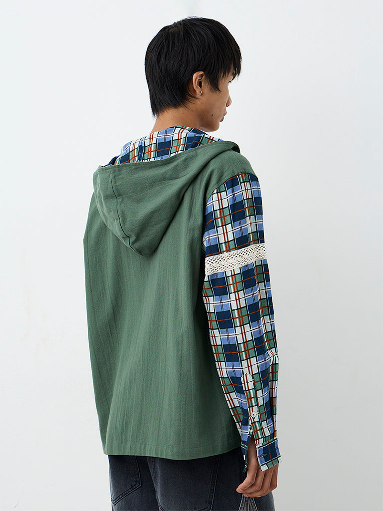 ETA Green Plaid Checkered Relaxed-Fit Hooded Cotton Jacket