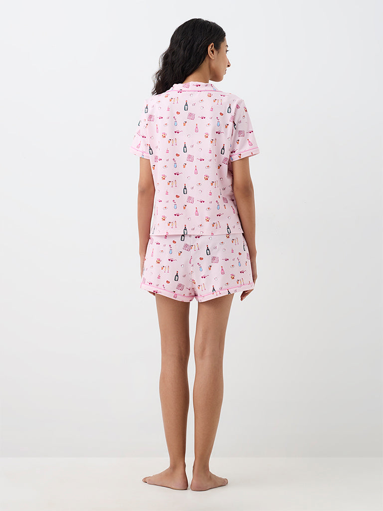 Superstar Light Pink Printed Cotton-Blend Shirt and Shorts Set