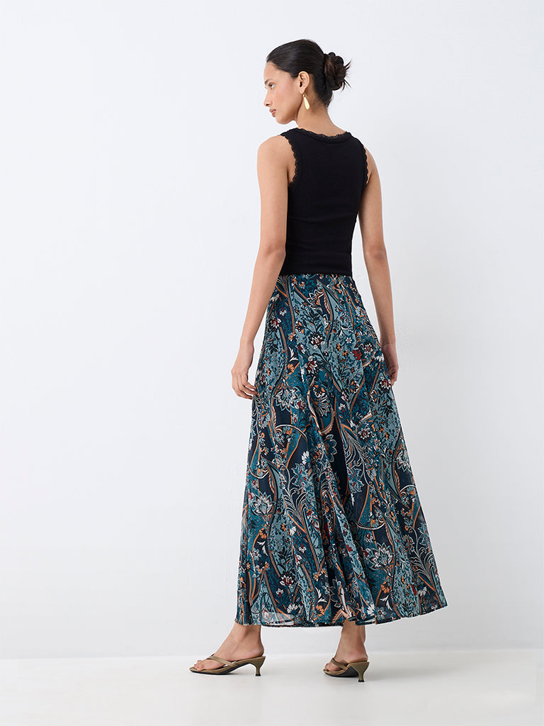 LOV Dark Teal Floral Printed High-Rise Skirt
