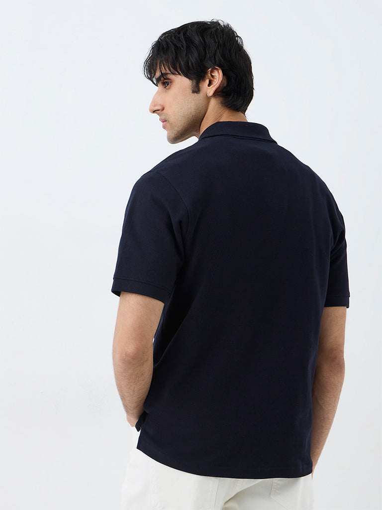WES Casuals Navy Embroidered Relaxed-Fit Polo T-Shirt
