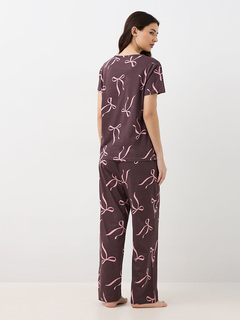 Wunderlove Dark Brown Bow Design Cotton T-Shirt and Payjams Set