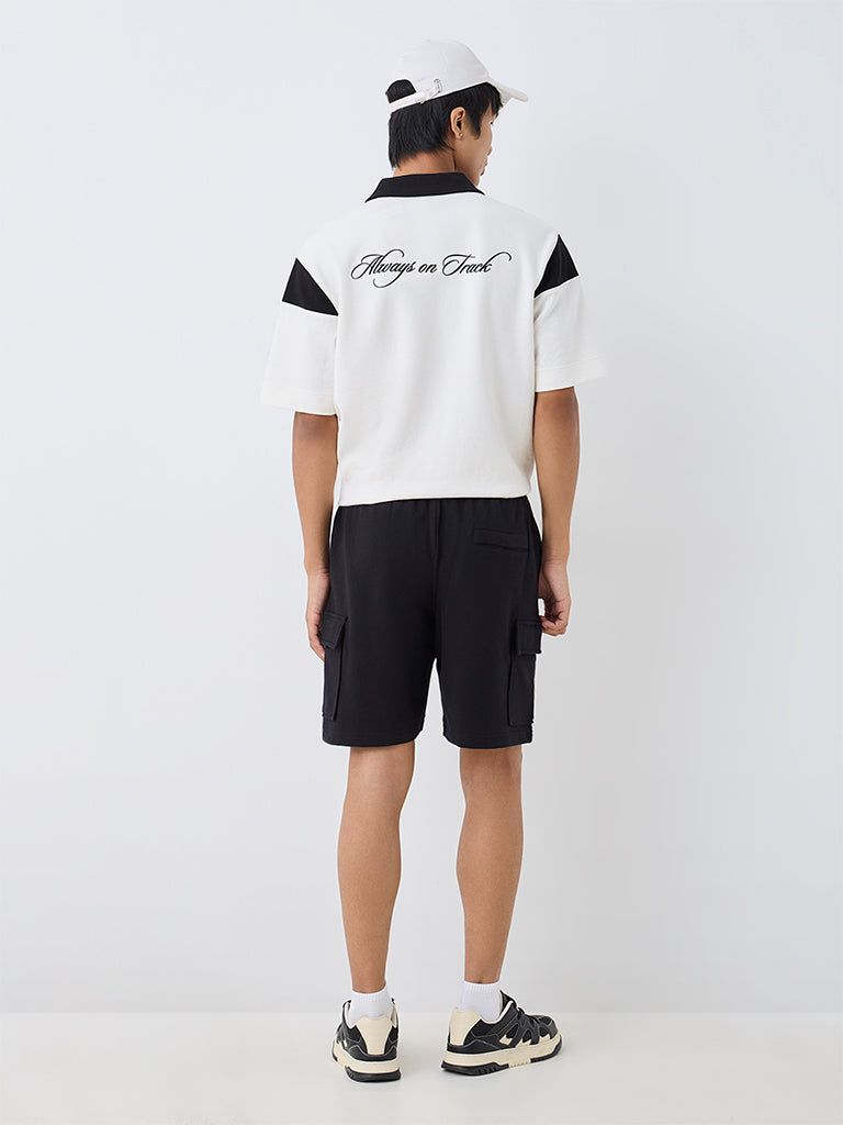Nuoflexx Black Solid Relaxed-Fit Mid-Rise Cotton-Blend Shorts
