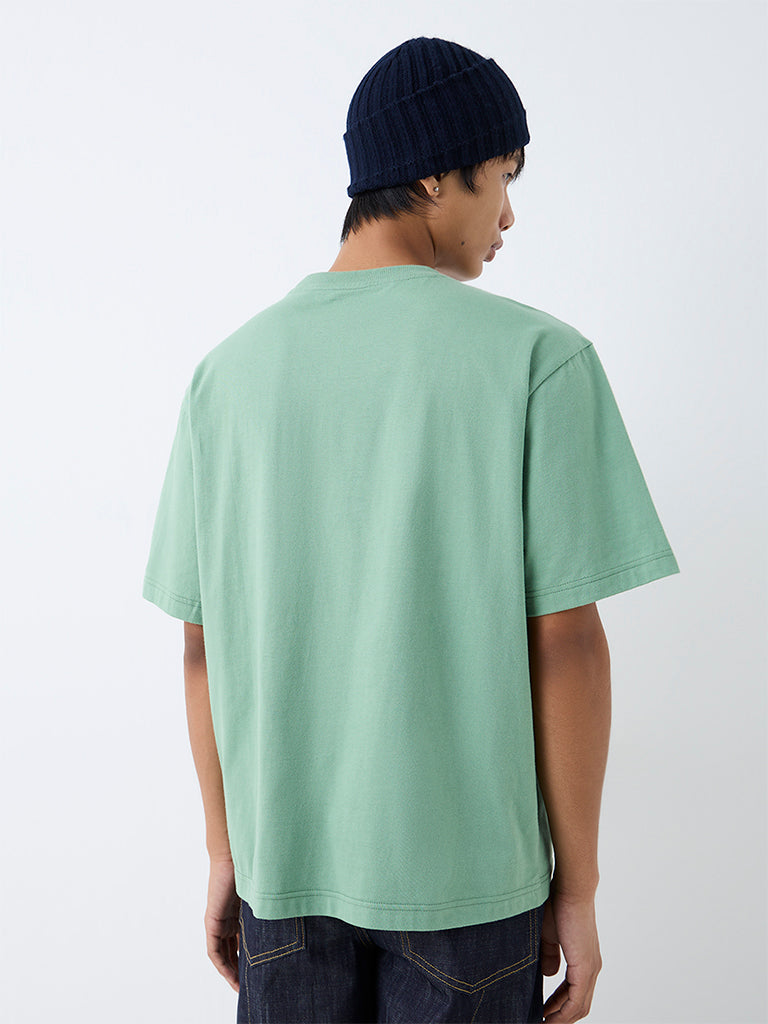 Nuon Light Green Patch Embroidered Relaxed-Fit Cotton T-Shirt